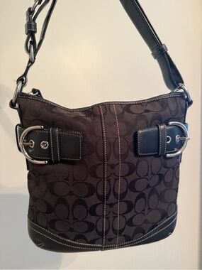 Vintage Coach Signature Buckle Shoulder Bag Black Jacquard Y2K Style 3574